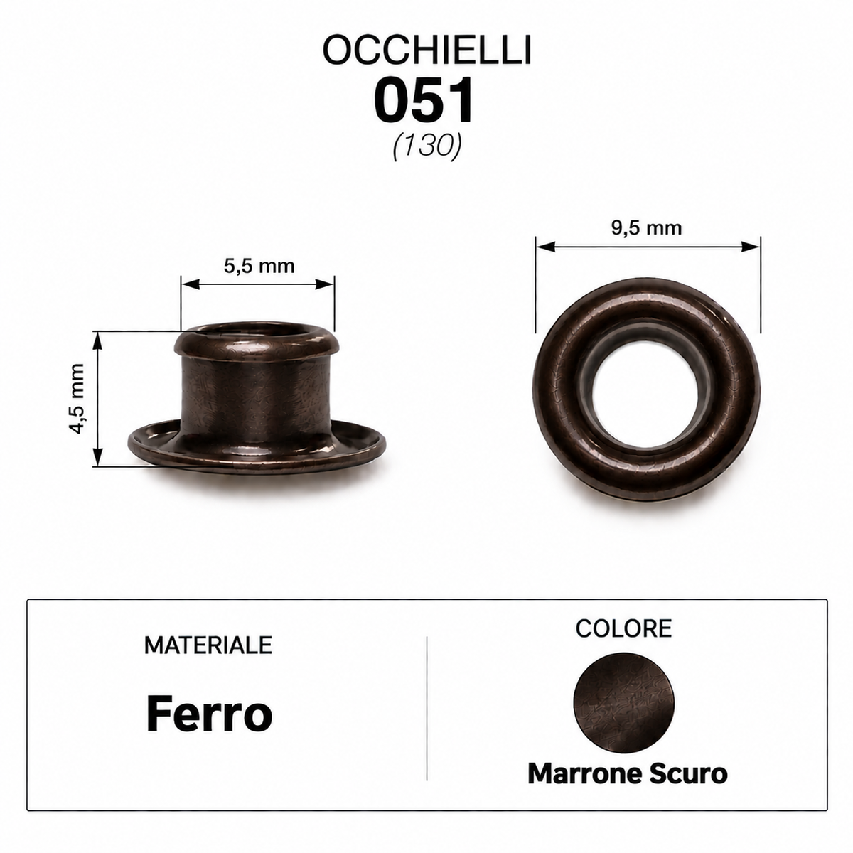 Occhielli 051 foro Ø 5,5mm Ferro/Ottone 100 pz per borse scarpe stoffa cuoio