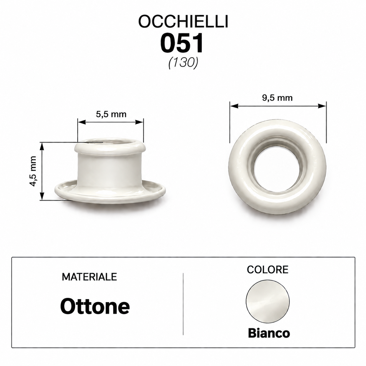 Occhielli 051 foro Ø 5,5mm Ferro/Ottone 100 pz per borse scarpe stoffa cuoio