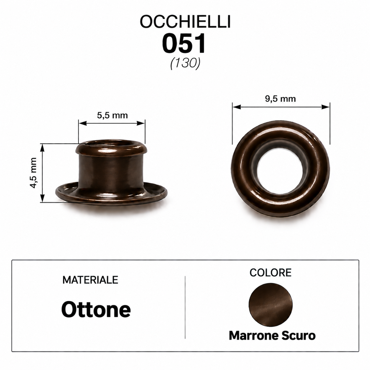 Occhielli 051 foro Ø 5,5mm Ferro/Ottone 100 pz per borse scarpe stoffa cuoio