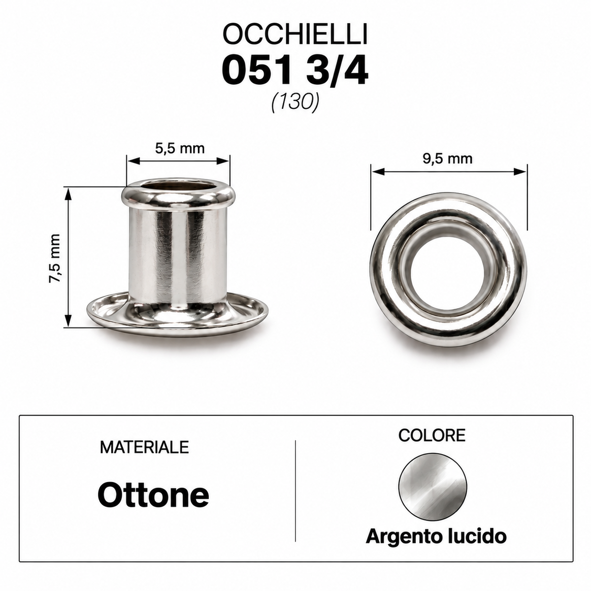 Occhielli 051 foro Ø 5,5mm Ferro/Ottone 100 pz per borse scarpe stoffa cuoio