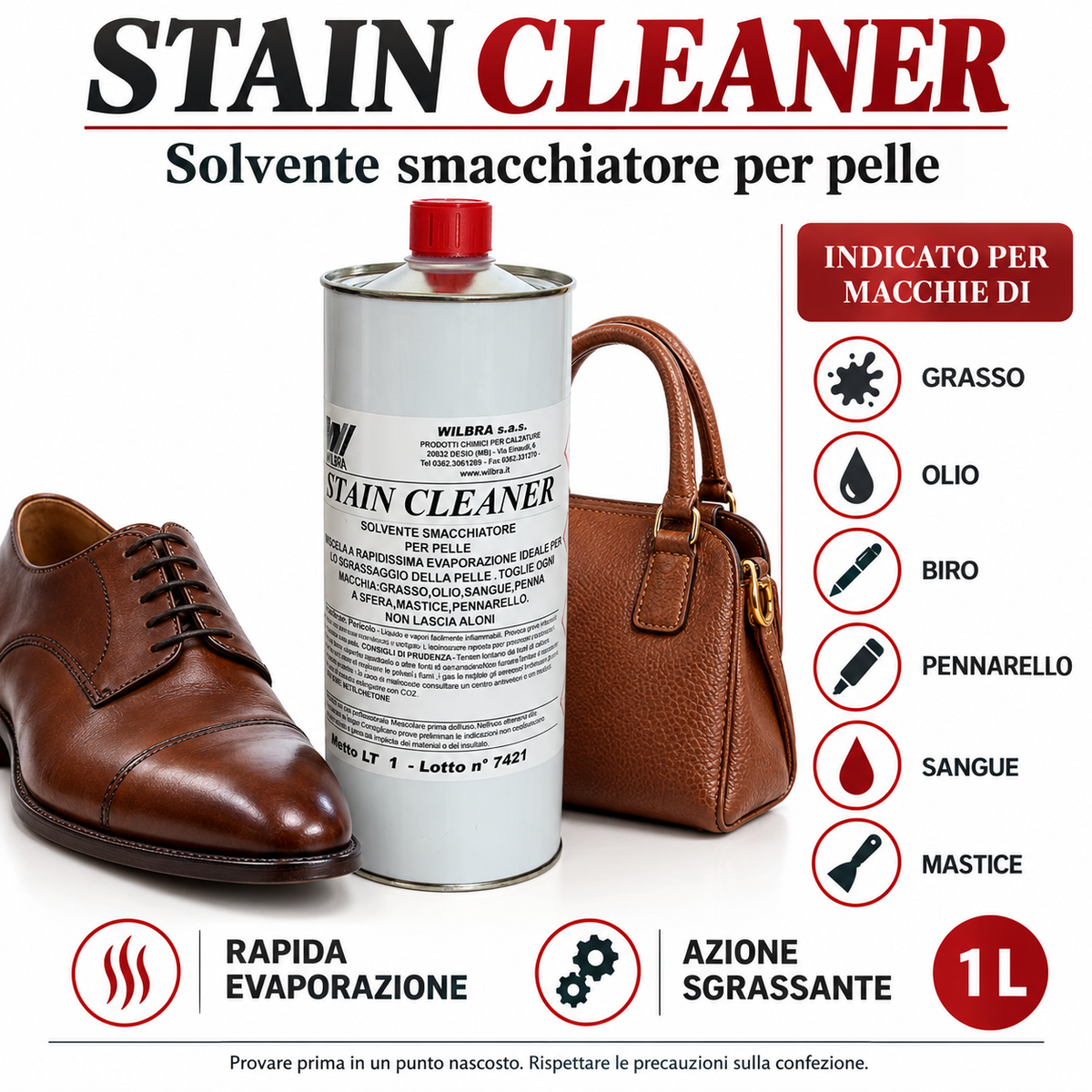 Stain Cleaner Wilbra 1 L Smacchiatore Sgrassante Pelle Olio Biro Pennarello