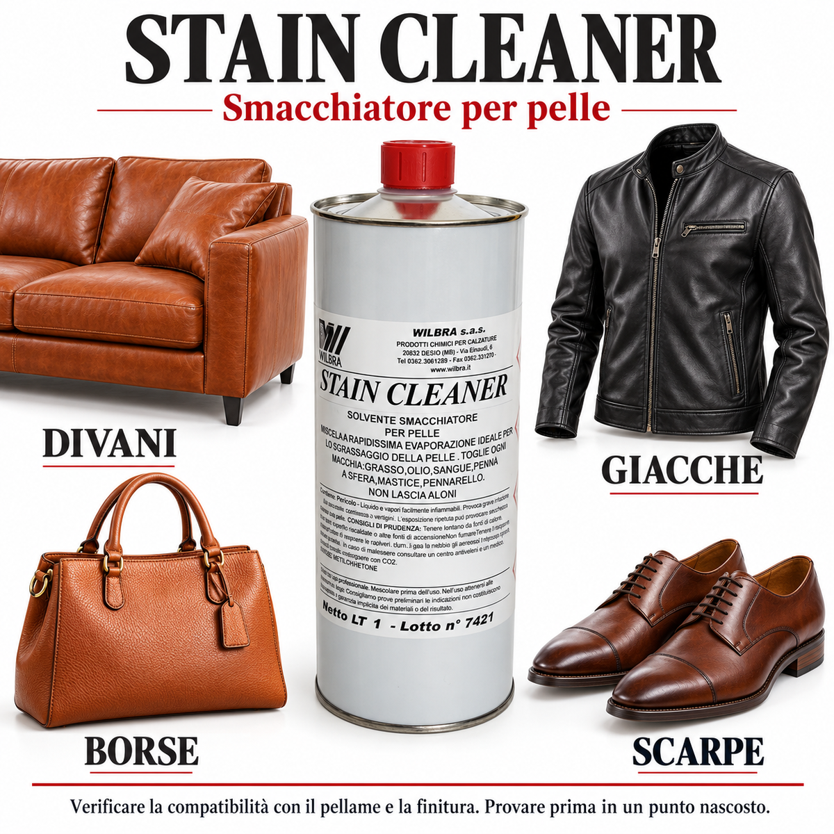 Stain Cleaner Wilbra 1 L Smacchiatore Sgrassante Pelle Olio Biro Pennarello