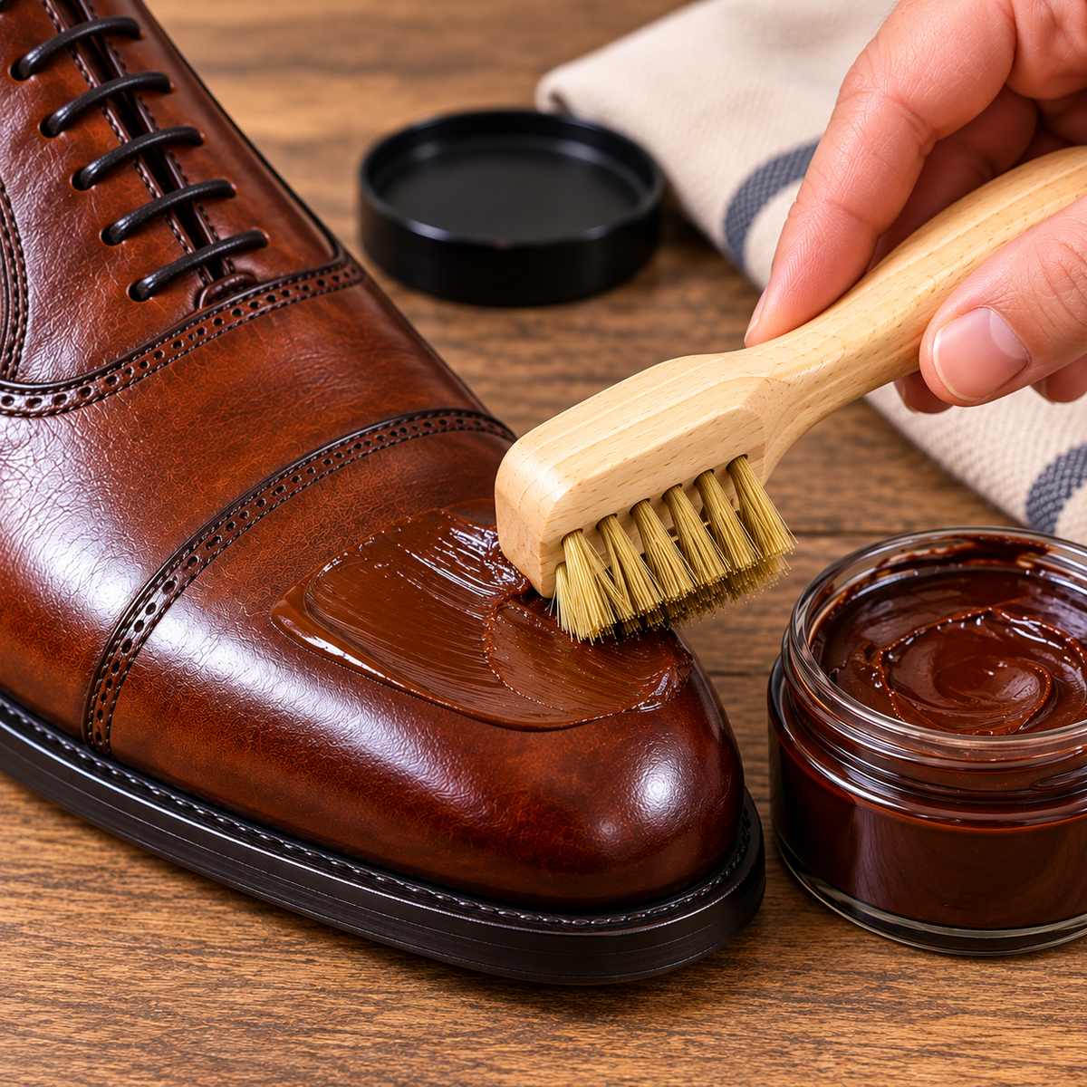 Spazzolino Spandi crema in Legno con Setole Naturali per Scarpe Borse Giacche e Articoli in Pelle