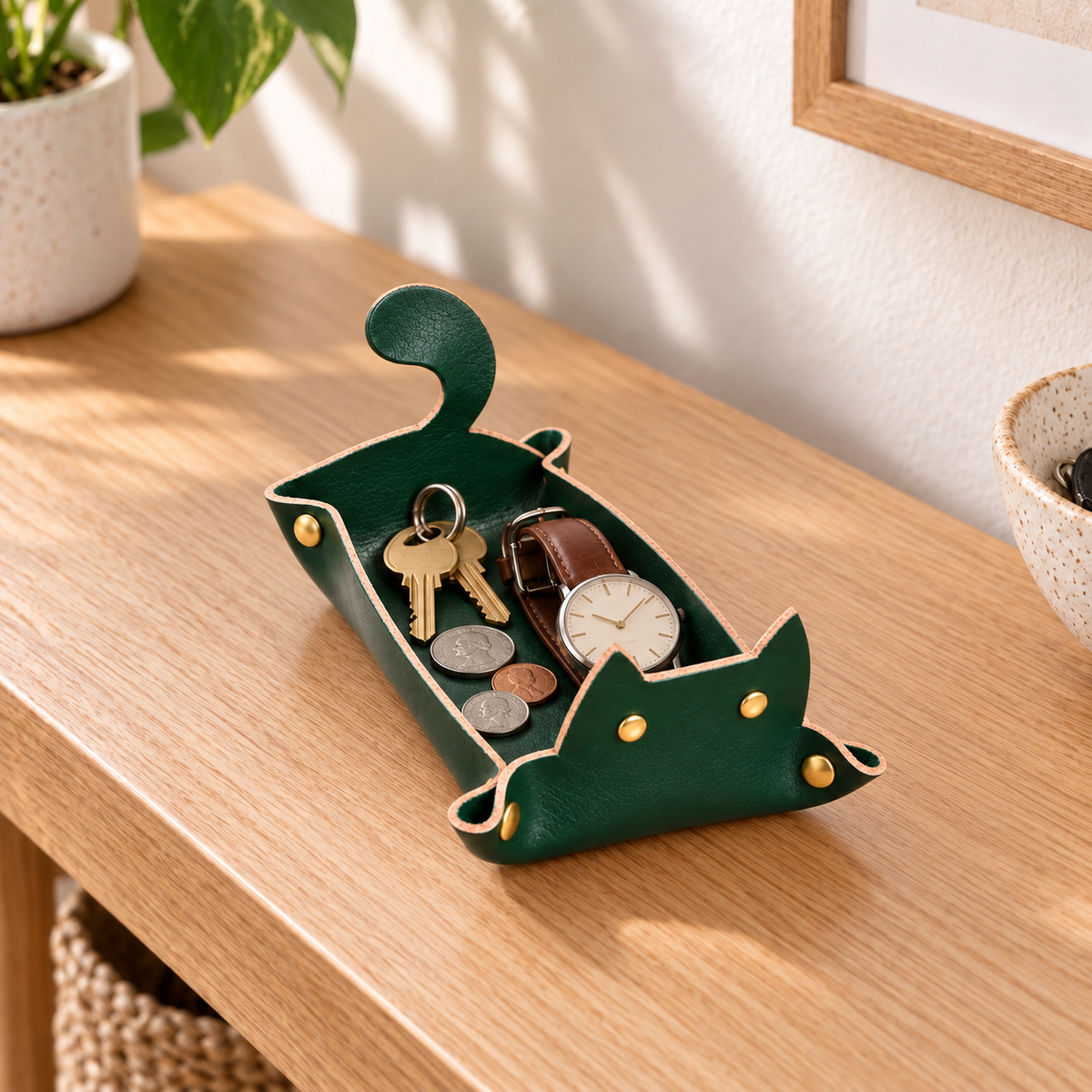 Svuotatasche Gatto in Cuoio 19 × 12 cm  Vassoio Portaoggetti e Portachiavi da Appoggio Personalizzabile Idea Regalo