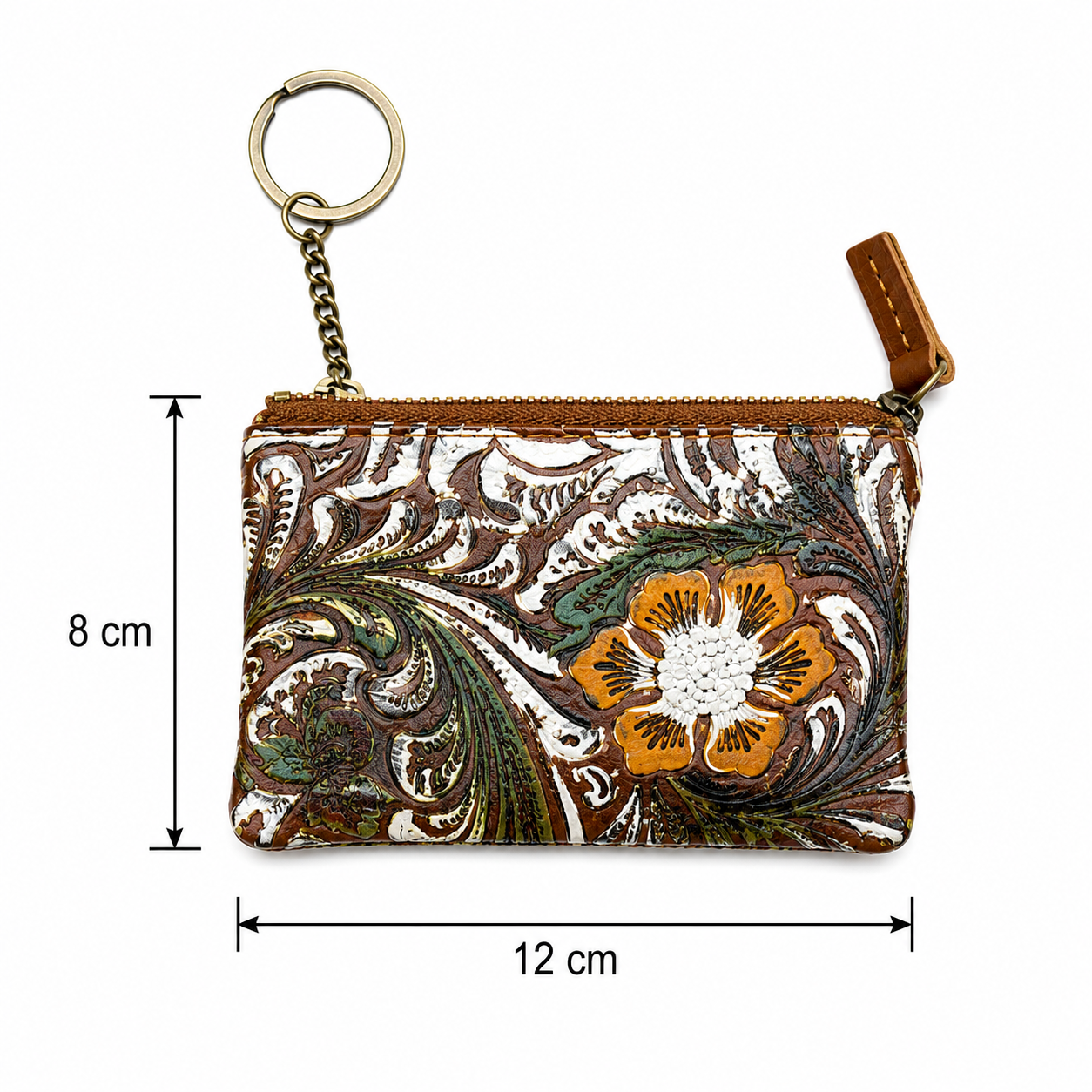 Portachiavi in Vera Pelle con Zip e Stampa Floreale – Portamonete e Custodia Chiavi 12x8 cm