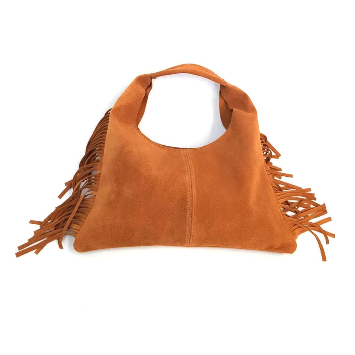 Borsa donna in camoscio con frange laterali, sfoderata, tracolla regolabile, made in Italy