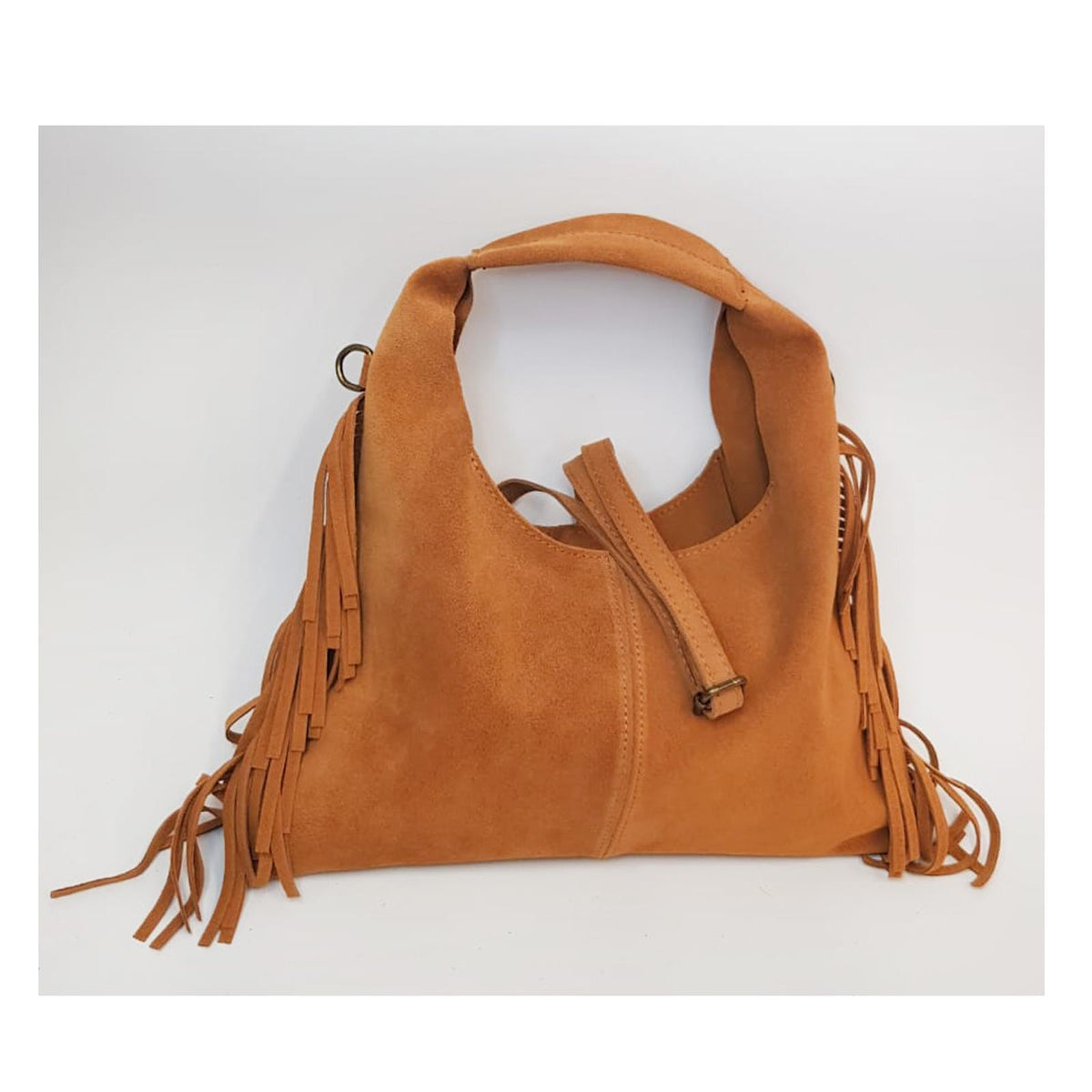 Borsa donna in camoscio con frange laterali, sfoderata, tracolla regolabile, made in Italy