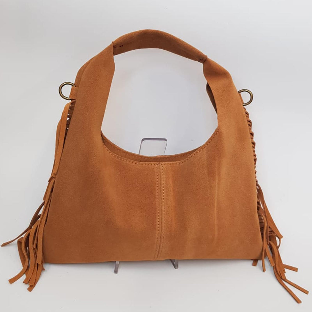 Borsa donna in camoscio con frange laterali, sfoderata, tracolla regolabile, made in Italy
