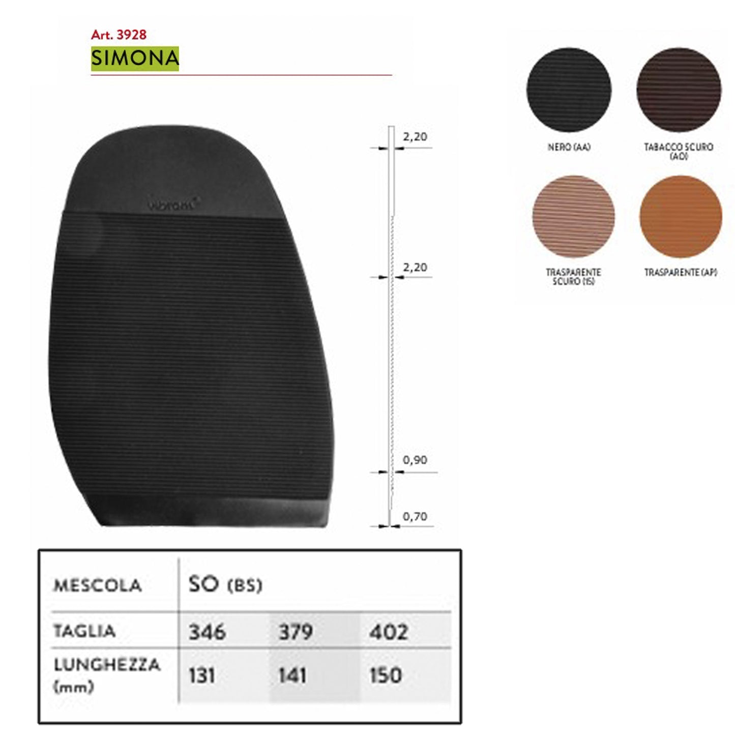 Mezza suola donna gomma Vibram Simona 3928 mm.2,2 riparazione creazione scarpe