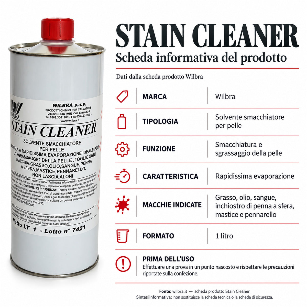 Stain Cleaner Wilbra 1 L Smacchiatore Sgrassante Pelle Olio Biro Pennarello