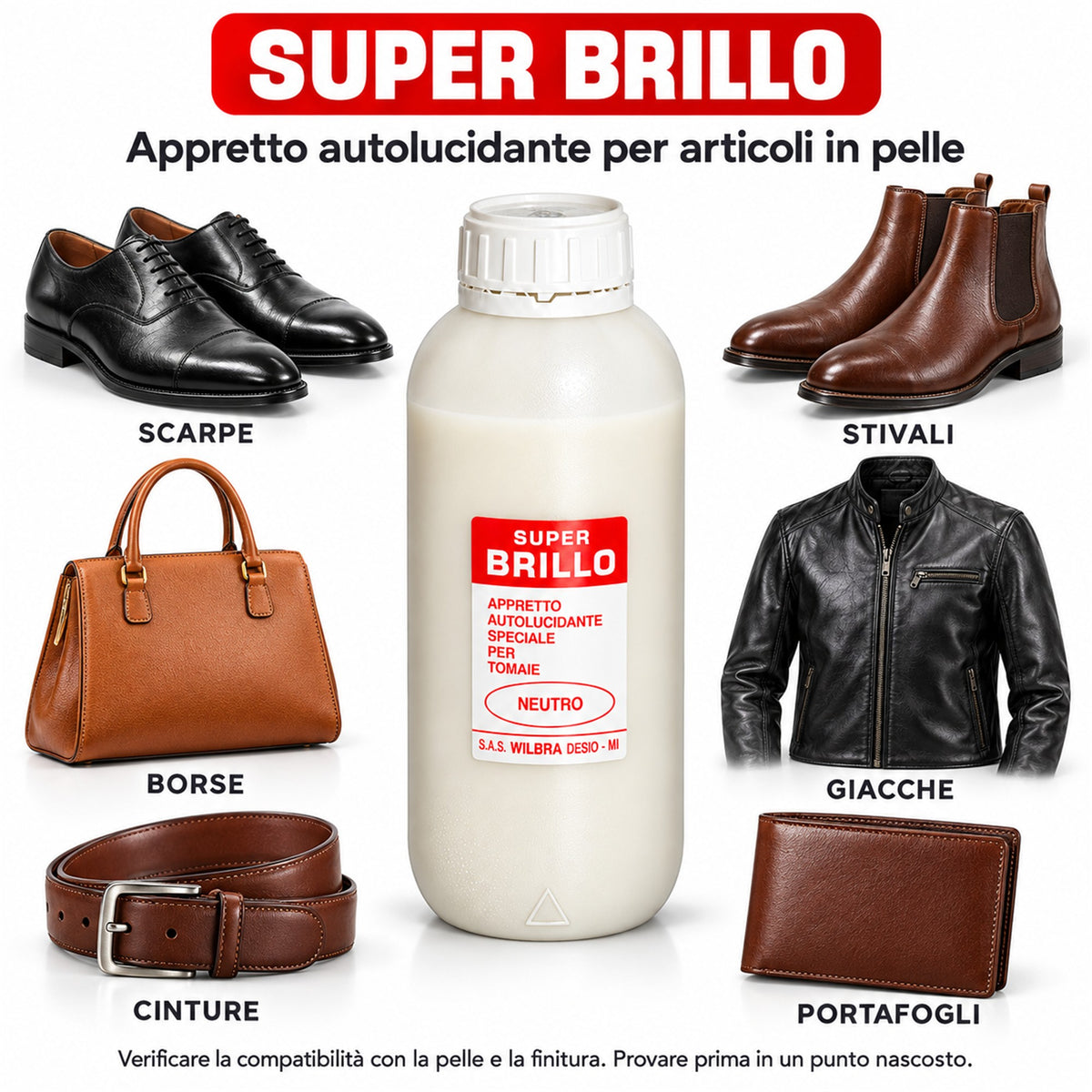Super Brillo Wilbra 1 L Appretto Autolucidante Ravviva Colore Scarpe Borse e Pelle