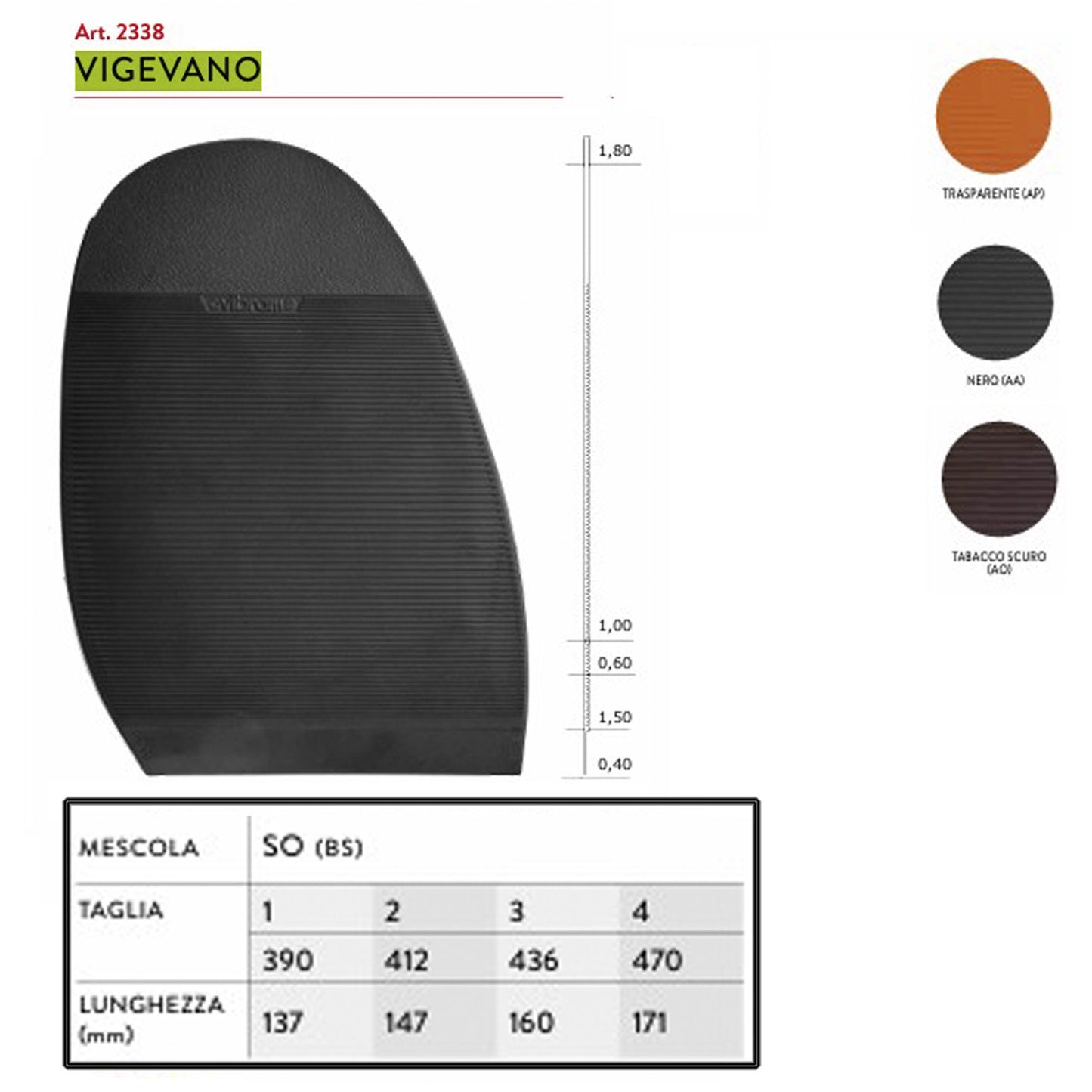 Mezza suola in gomma Vibram Vigevano 2338 mm.1,8 antiscivolo riparazione scarpe